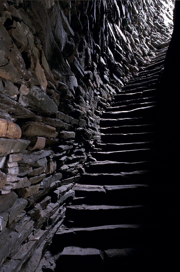 Stairs in the hollow wall, Mousa Broch, best preserved of all brochs, standing 12-13 m high, in perfect state, due to its isolation, Mousa Island, Shetland Islands, Scotland, United Kingdom, Europe