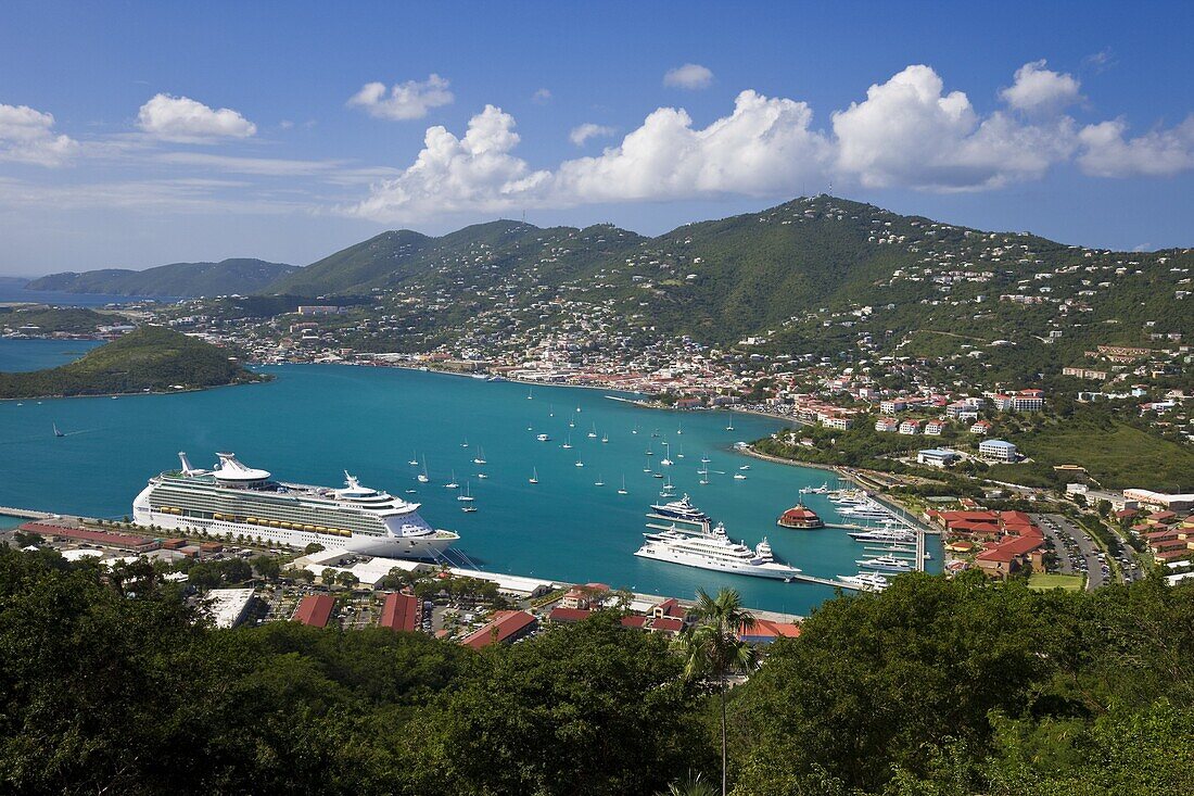 Elevated view over Charlotte Amalie and the cruise ship dock of Havensight, St. Thomas, U.S. Virgin Islands, Leeward Islands, West Indies, Caribbean, Central America