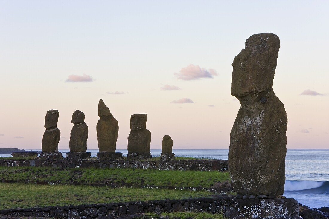 Moai stone statues at Ahu Vai Uri, Rapa Nui (Easter Island), UNESCO World Heritage Site, Chile, South America