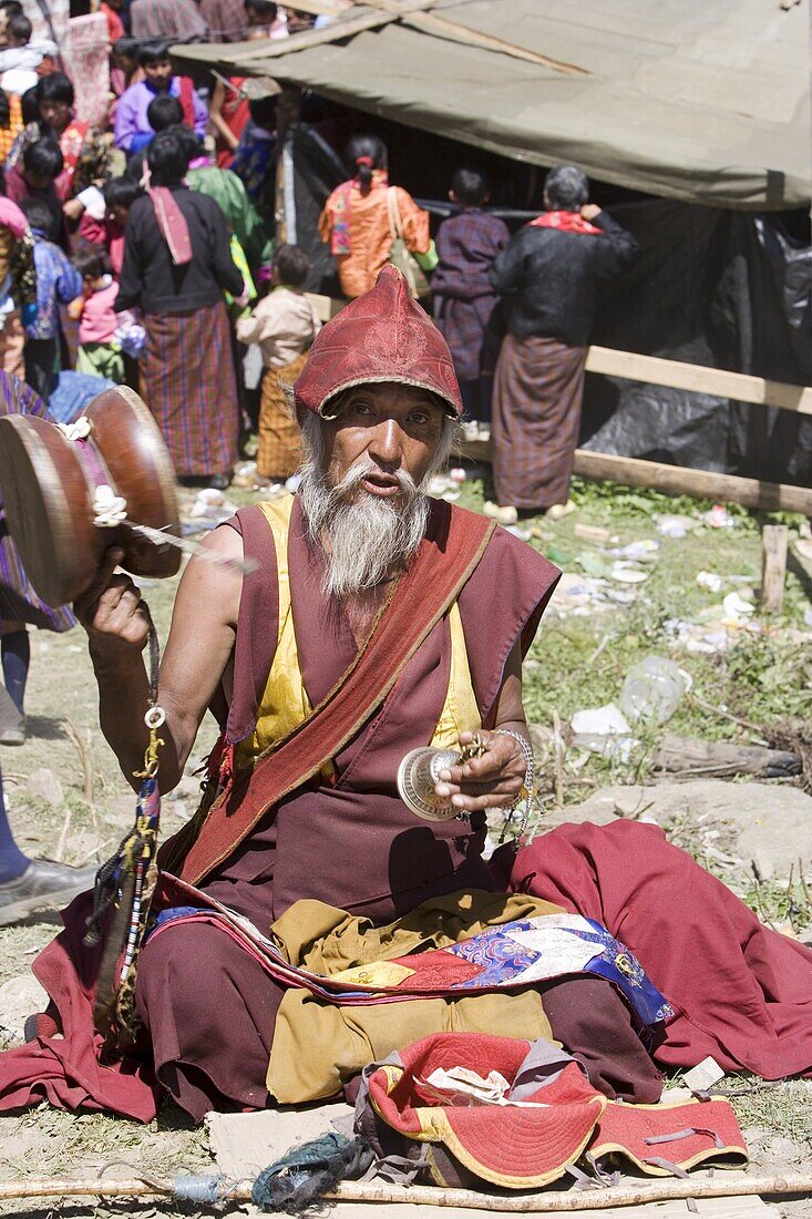 Pilgrim at Buddhist festival (Tsechu), Haa Valley, Bhutan, Asia