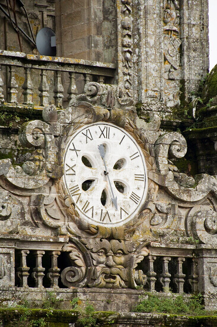 Clock on tower on roof of Santiago Cathedral, Santiago de Compostela, Galicia, Spain, Europe