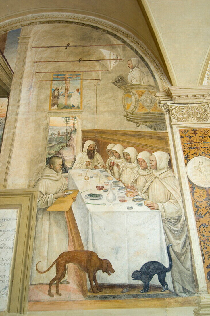 Benedictine Monastery famous for frescoes in cloisters depicting the life of St. Benedict, Monte Oliveto Maggiore, Tuscany, Italy, Europe