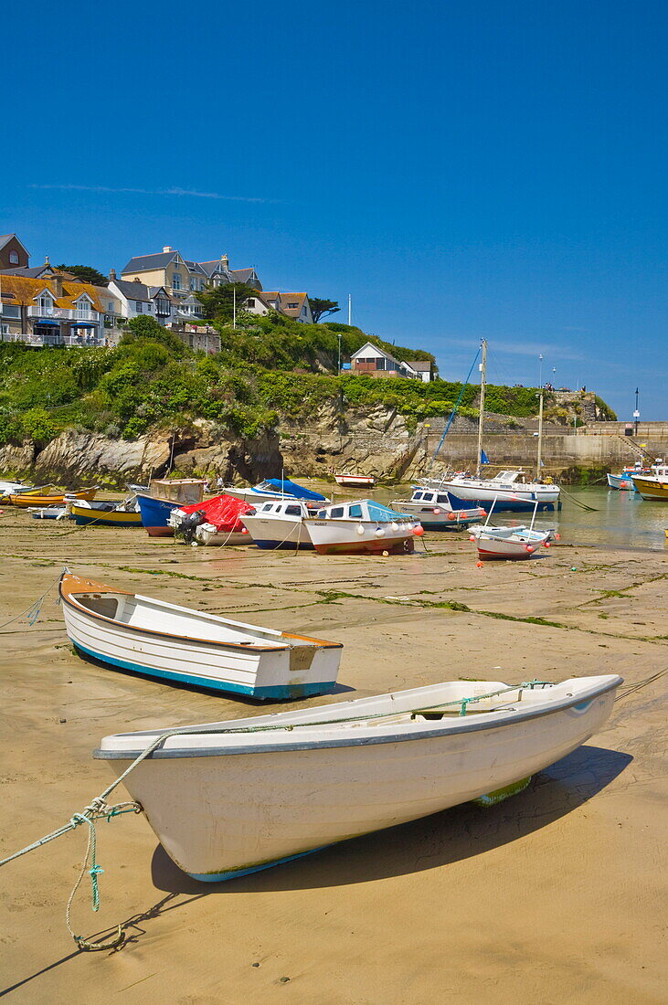 Small fishing boats and yachts at low tide, Newquay harbour, Newquay, Cornwall, England, United Kingdom, Europe