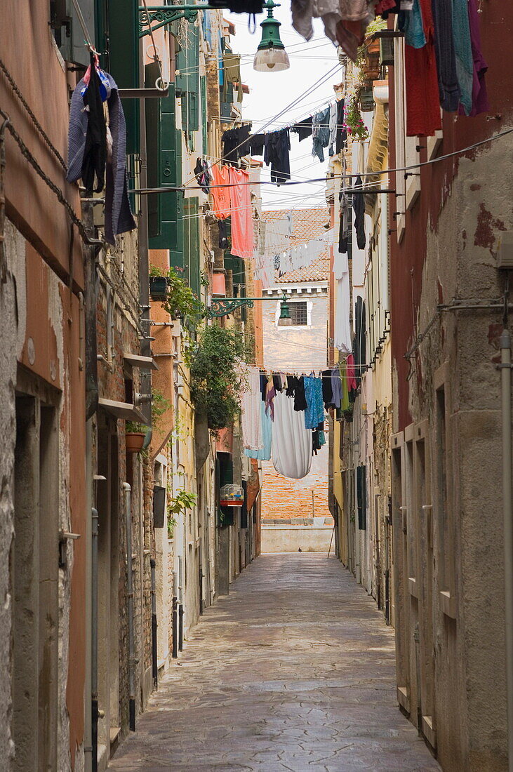 Washing out to dry, back lane off Garibaldi Street, Venice, Veneto, Italy, Europe