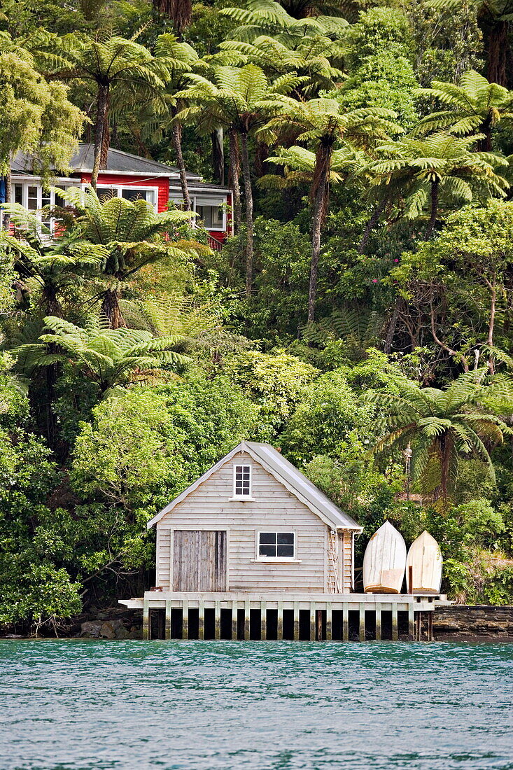 Kiwi bach or holiday home, with boat shed, Marlborough Sounds, South Island, New Zealand, Pacific