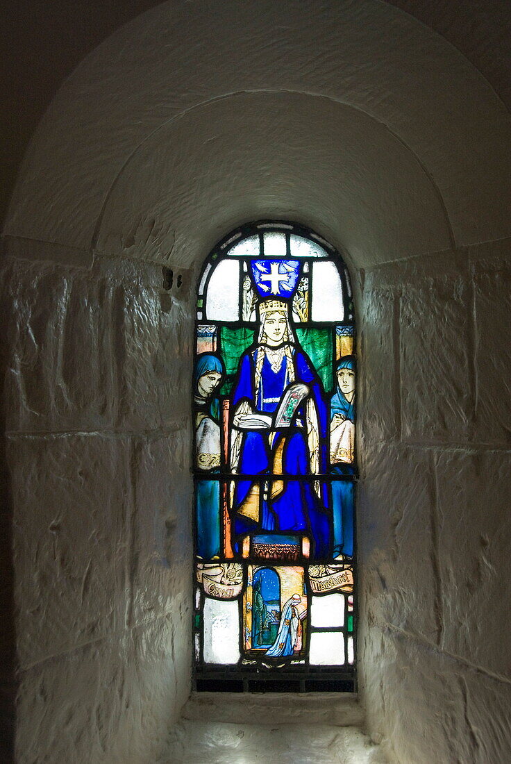 Stained glass windows in St. Margarets Chapel, built between 1124 and 1153, Edinburgh Castle, Edinburgh, Lothian, Scotland, United Kingdom, Europe