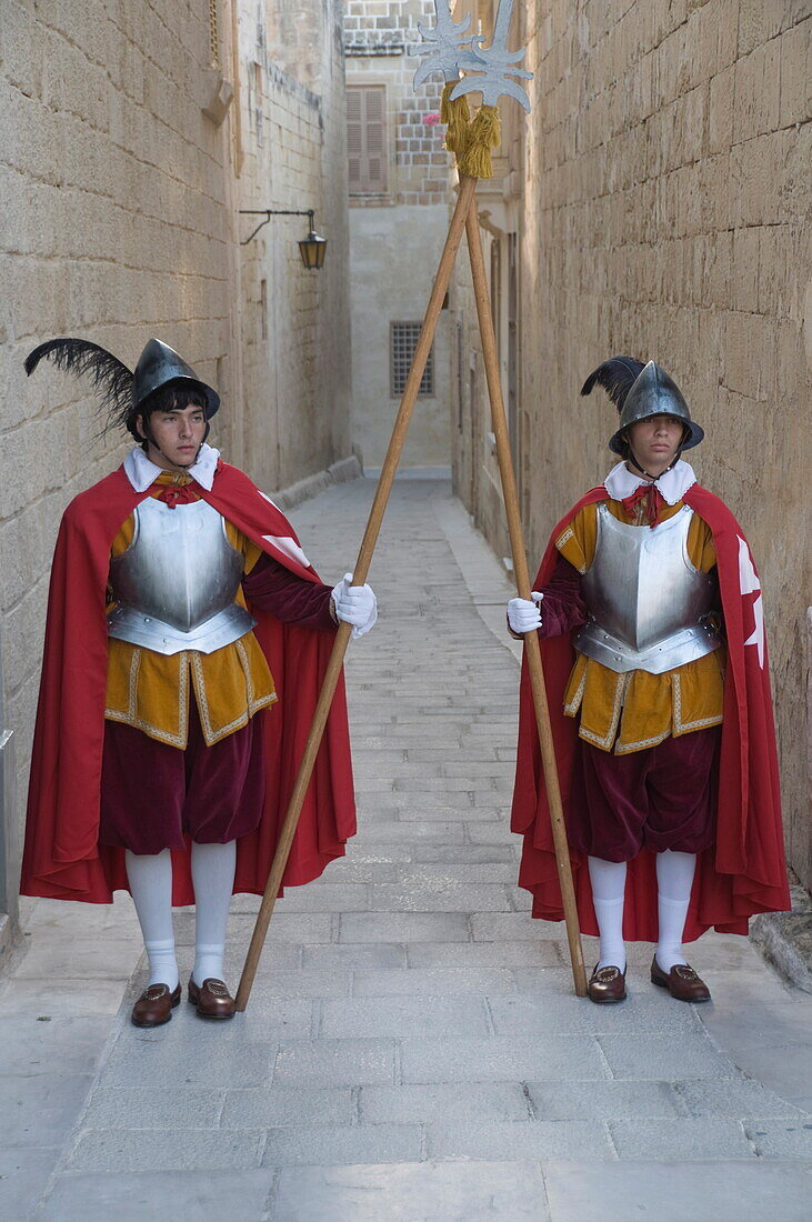 Guards in Medieval costume in Mdina the fortress city, Malta, Europe