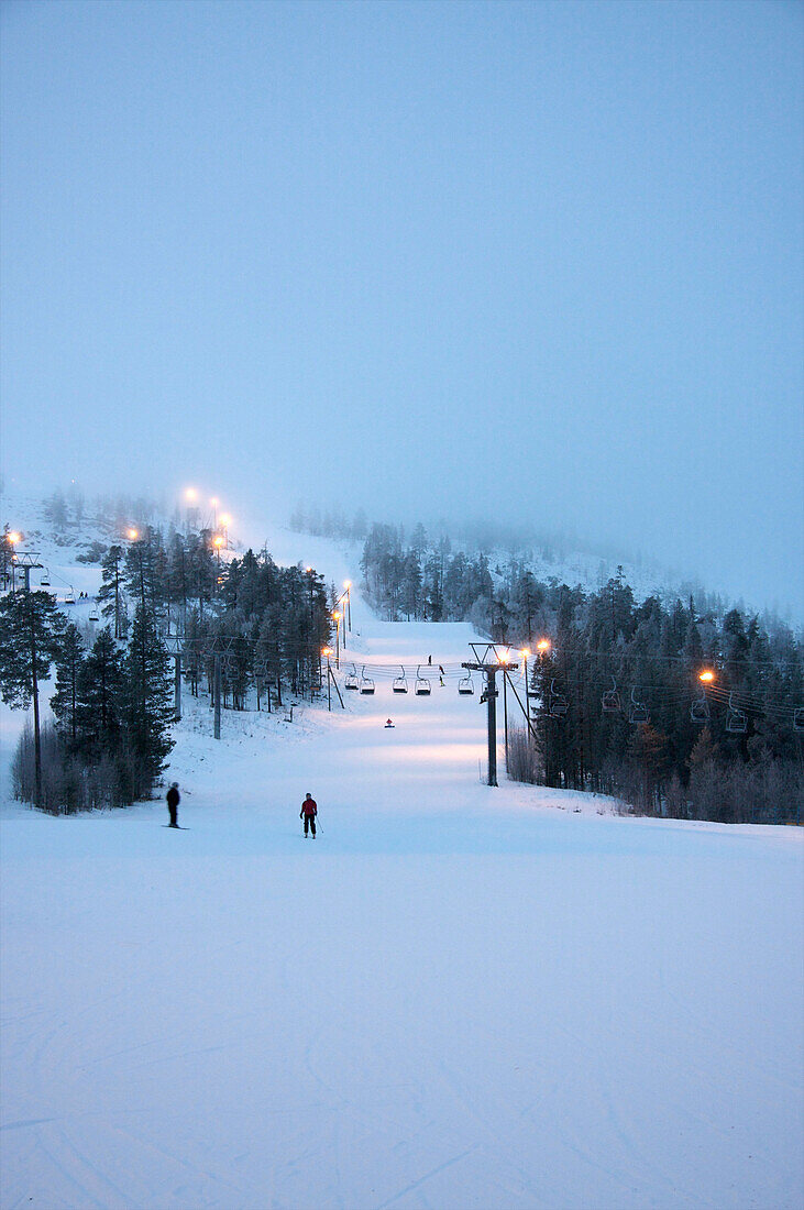 Pyha-Luosto ski resort at dusk, Finnish Lapland, Finland, Scandinavia, Europe