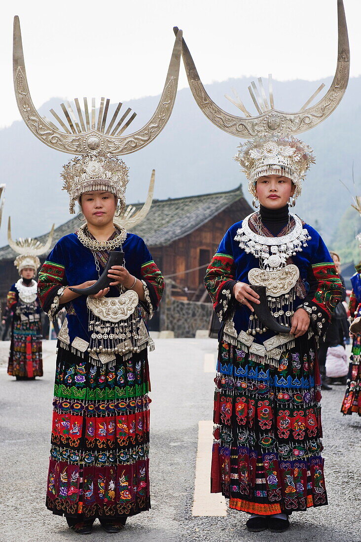 Elaborate costumes worn at a traditional Miao New Year festival in Xijiang, Guizhou Province, China, Asia