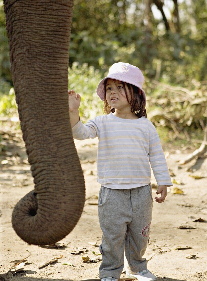 Two year old girl and the elephant that will take her on safari, at the Island Jungle Resort hotel, Royal Chitwan National Park, Terai, Nepal, Asia