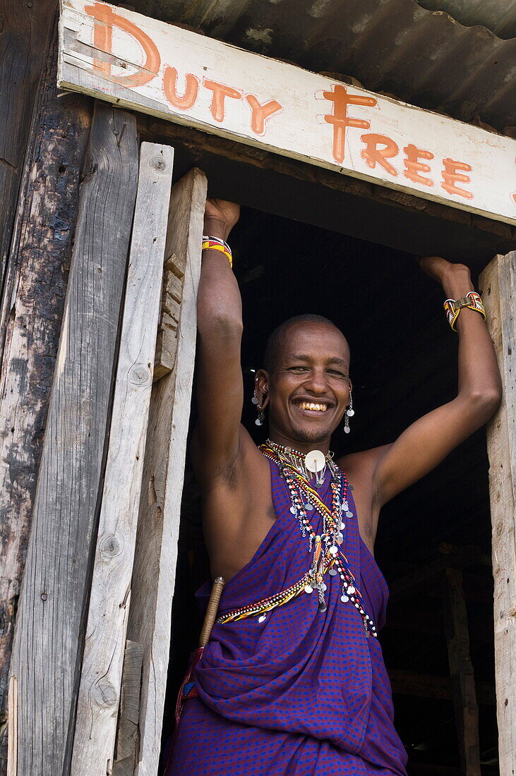 Masai man at airstrip duty free, Masai Mara, Kenya, East Africa, Africa