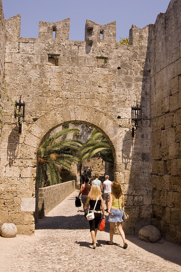 The D'Amboise Gate and city walls around Rhodes Town, Rhodes, Dodecanese, Greek Islands, Greece, Europe