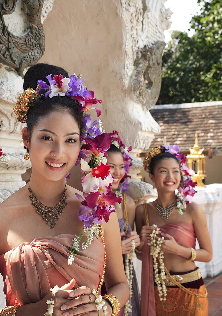 Thai girls in costume at a festival in Chiang Mai, Thailand, Southeast Asia, Asia