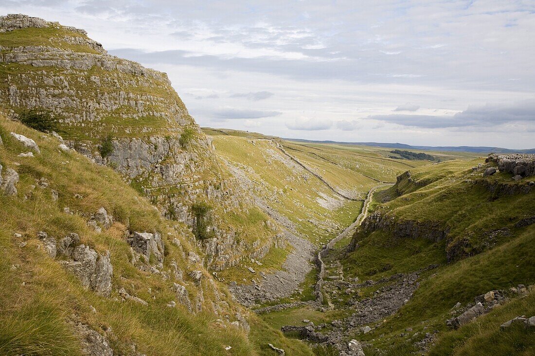 Ing Scar dry limestone valley, above Malham Cove, looking north, Yorkshire Dales National Park, North Yorkshire, England, United Kingdom, Europe