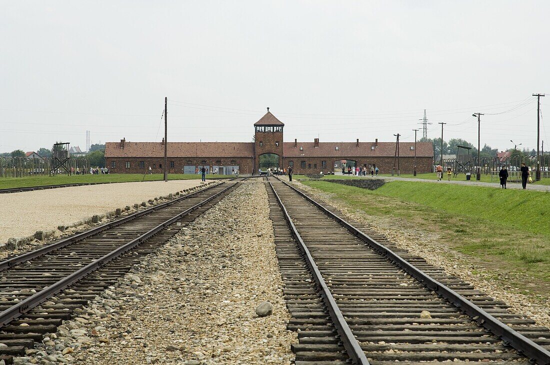 Railway line and platform where prisoners were unloaded and separated into able bodied men, kept for work, and woman and children who were taken to gas chambers, Auschwitz second concentration camp at Birkenau, UNESCO World Heritage Site, near Krakow (Cra
