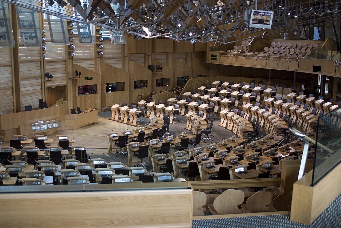 Chamber, New Scottish Parliament building, architect Enric Miralles, Holyrood, Edinburgh, Scotland, United Kingdom, Europe