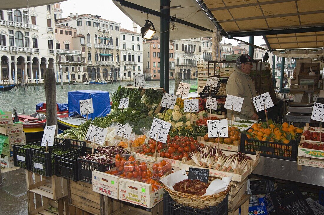 Fruit and vegetable stall at canal side market, Venice, Veneto, Italy, Europe