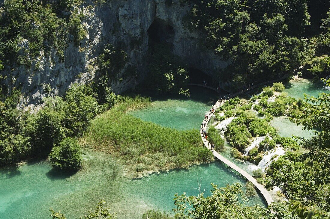 Walkway through Turquoise Lakes, Plitvice Lakes National Park, UNESCO World Heritage Site, Croatia, Europe