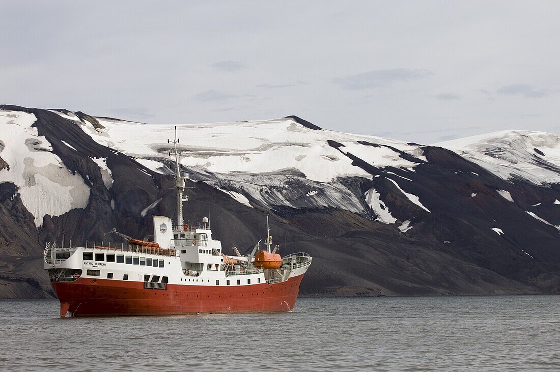 Antarctic Dream ship, Telephone Bay, Deception Island, South Shetland Islands, Antarctica, Polar Regions