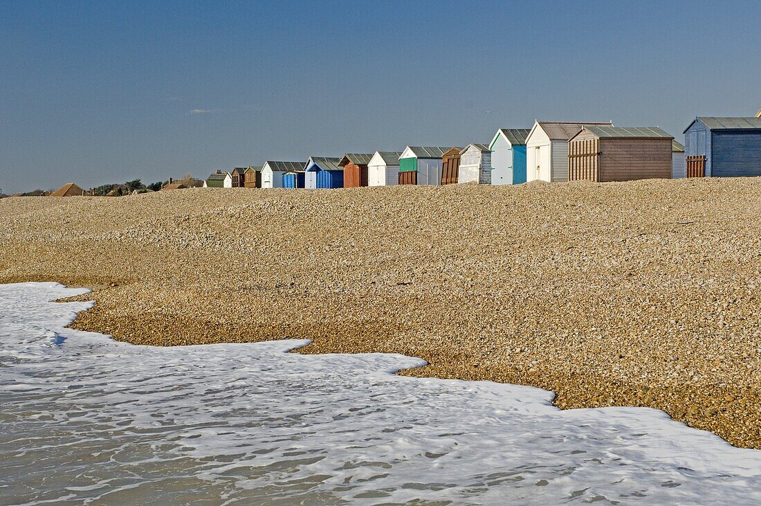 Beach huts locked up for winter, Hayling Island, Hampshire, England, United Kingdom, Europe