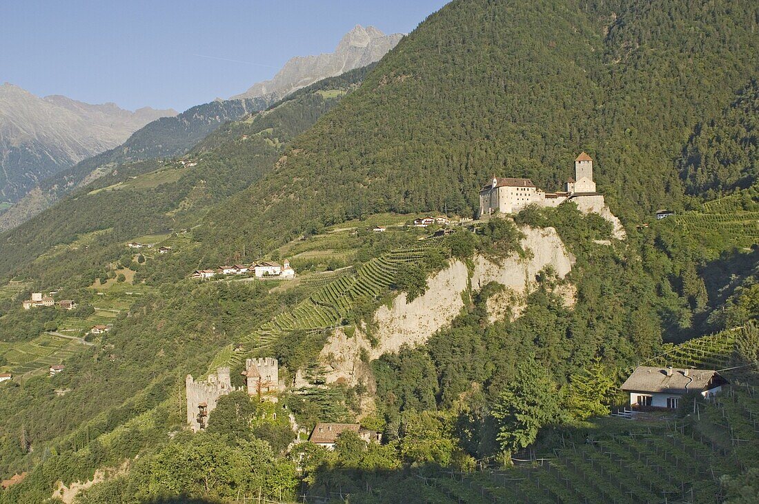 The 13th century Brunnenburg Castle and the 12th century Castel Tirolo, Merano, Sud Tyrol, Western Dolomites, Italy, Europe