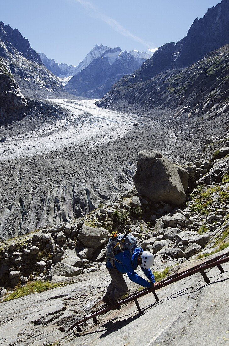 Climber at Mer de Glace glacier, Chamonix, Haute-Savoie, French Alps, France, Europe