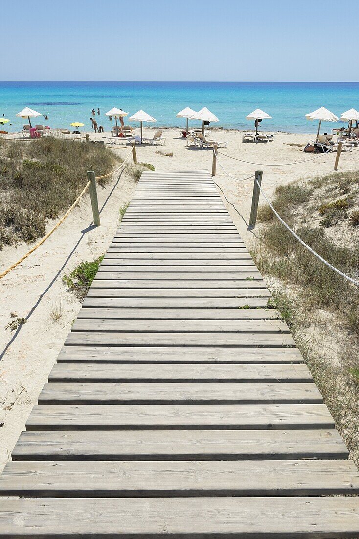 Wooden bridge leading to Mitjorn beach, Formentera, Balearic Islands, Spain, Mediterranean, Europe