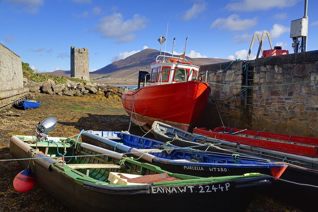 Fishing boats at Kildownet Pier, Achill Island, County Mayo, Connaught (Connacht), Republic of Ireland, Europe