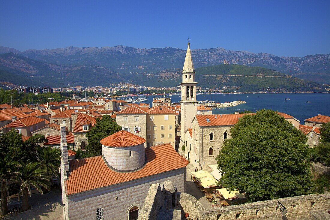 Looking over Budva Old Town to Beach, Budva, Montenegro, Europe