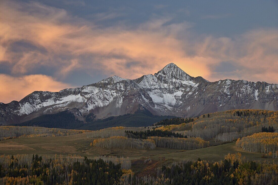 Wilson Peak at dawn with a dusting of snow in the fall, Uncompahgre National Forest, Colorado, United States of America, North America