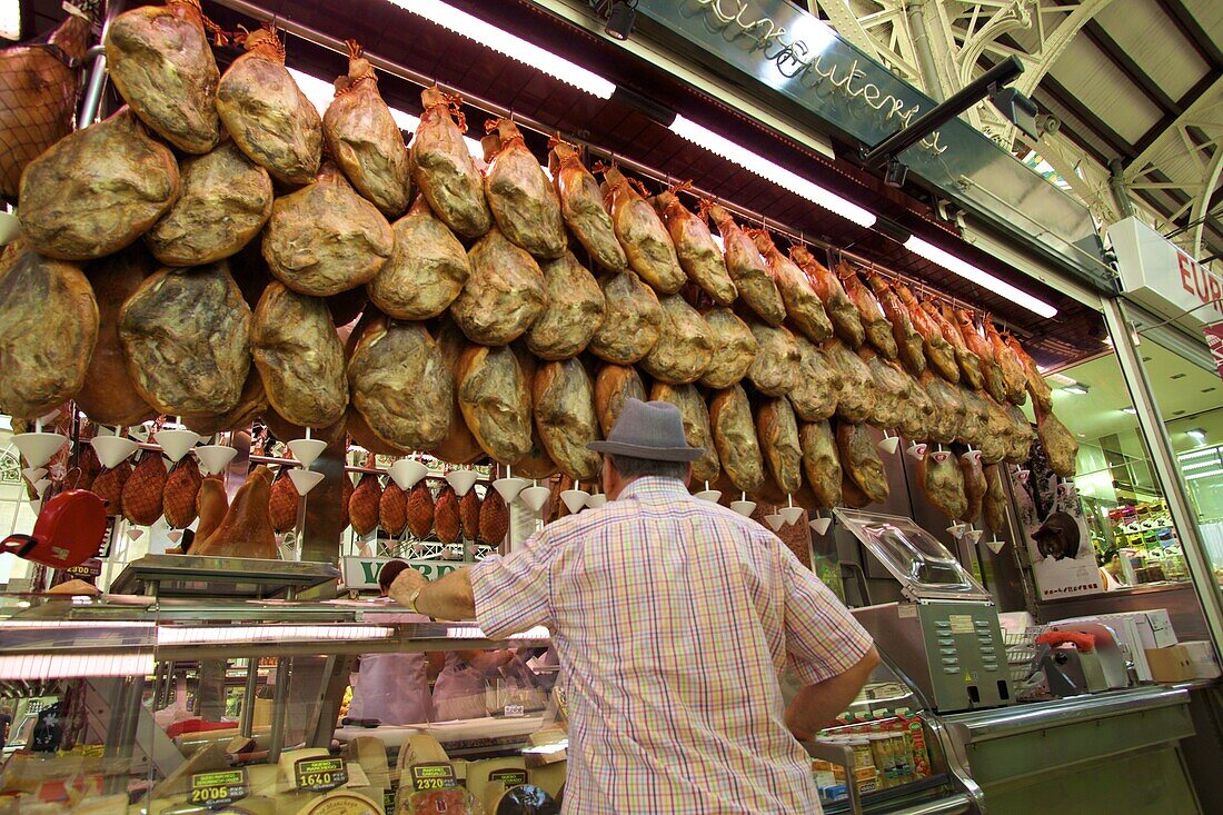 Mercado Central (Central Market) stall selling cured ham, Valencia, Spain, Europe