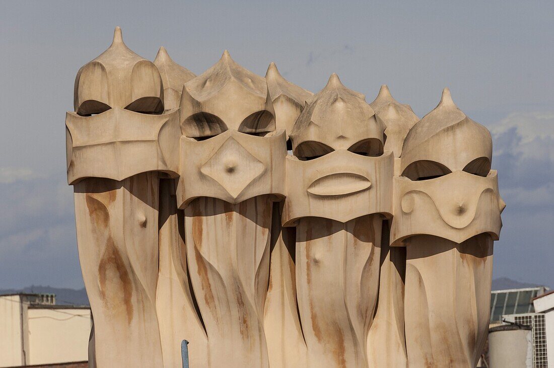 Singing chimneys, The Pop Girls, on the roof of La Pedrera (Casa Mila), an apartment block on Passeig de Gracia, designed by Antonio Gaudi, UNESCO World Heritage Site, Barcelona, Catalunya, Spain, Europe