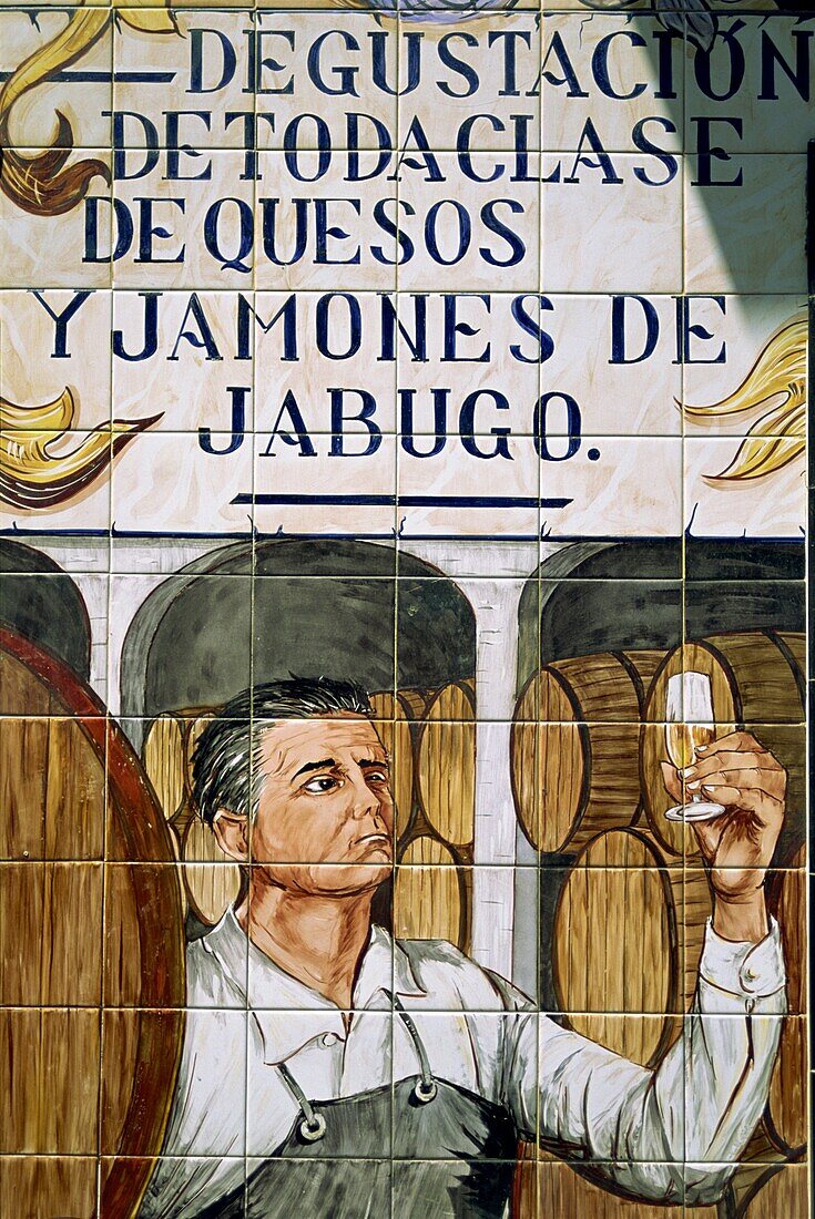 Picture in tiles of wine taster in the Restaurant Lachata in Madrid, Spain, Europe