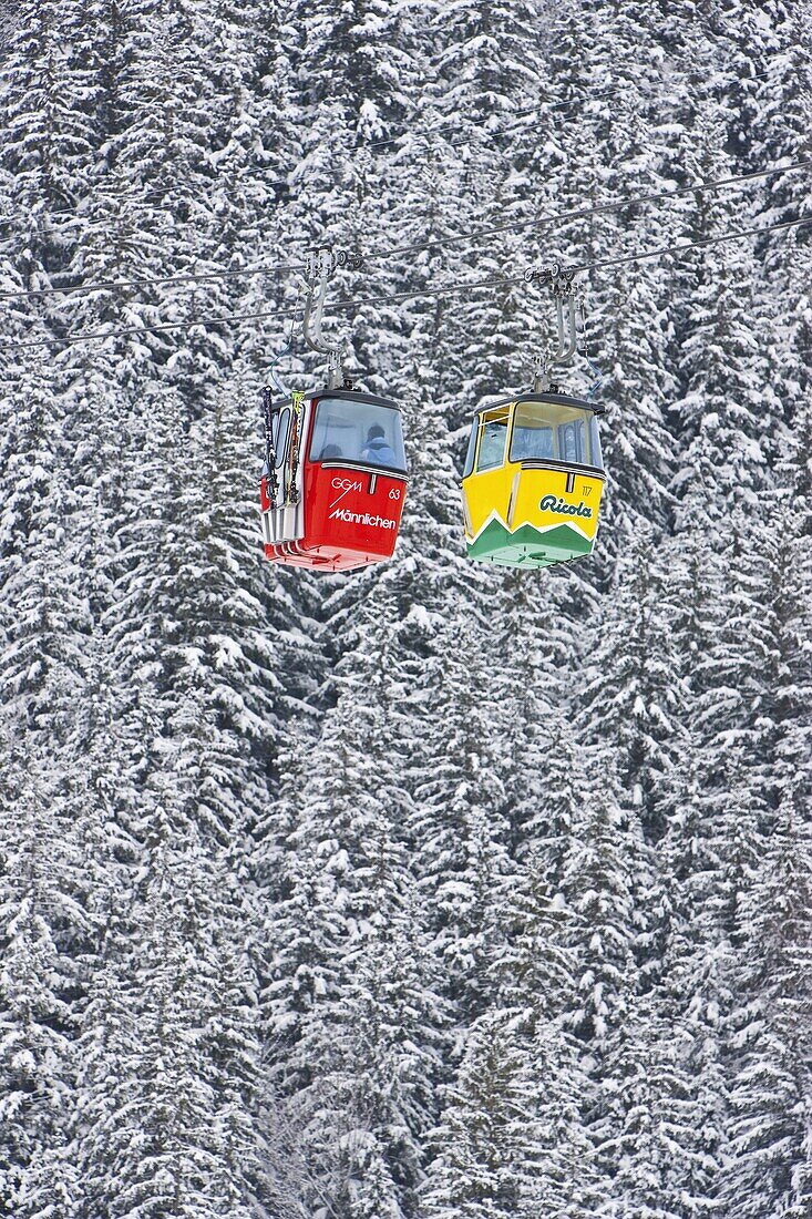 Brightly coloured Grindelwald Grund Gondola ski lift,  Grindelwald, Jungfrau region, Bernese Oberland, Swiss Alps, Switzerland, Europe