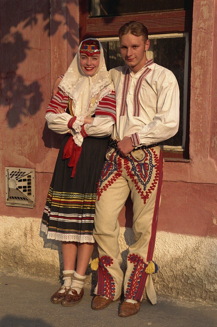 Couple in traditional Slovak folk costume, Kezmarok, Slovakia, Europe