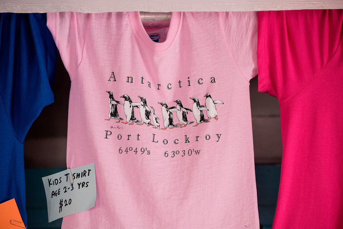 Souvenirs for sale at the Port Lockroy British Antarctic Survey Station which welcomes thousands of cruise ship passengers annually, Port Lockroy, Wiencke Island, Antarctica