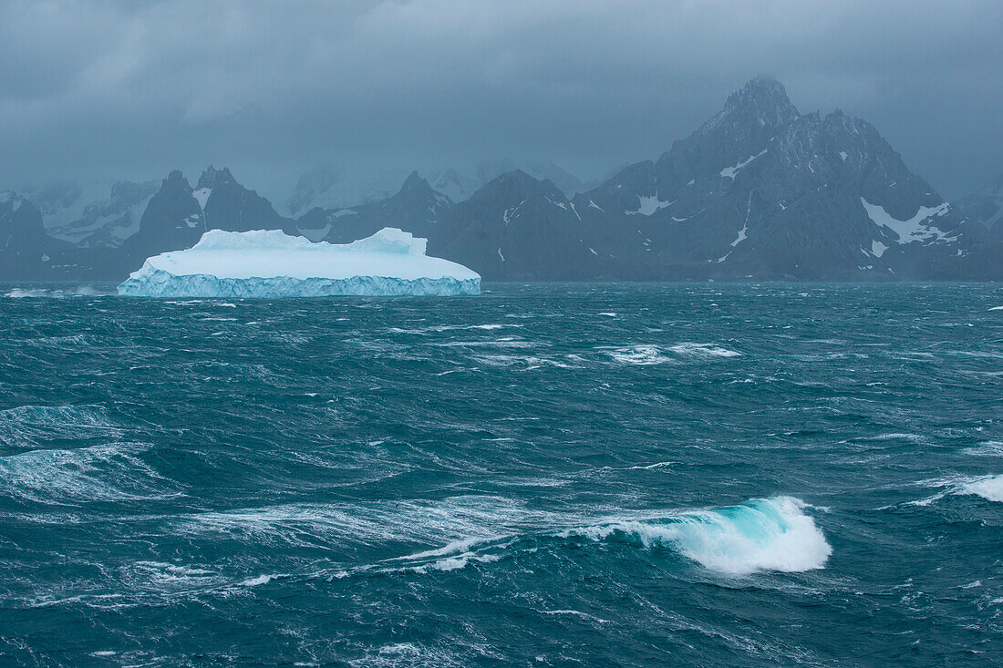 Stürmische See mit Eisberg und Bergen an der Küste, Drygalski Fjord, Südgeorgien, Antarktis