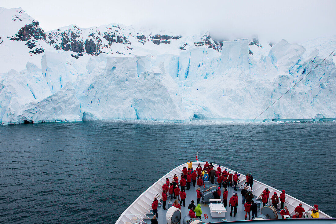 Passagiere am Bug von Expeditions-Kreuzfahrtschiff MS Hanseatic (Hapag-Lloyd Kreuzfahrten) vor 40-60 Meter hoher Gletscherwand, Paradise Bay (Paradise Harbor), Danco-Küste, Grahamland, Antarktis