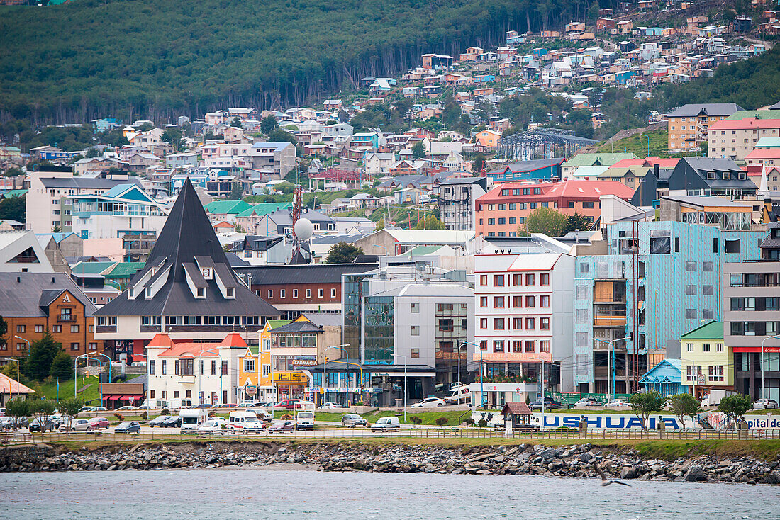 City view from the Ushuaia pier, Ushuaia, Tierra del Fuego, Patagonia, Argentina