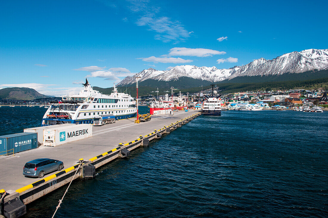 The Ushuaia pier where freighters, expedition cruise ships, large cruise ships, scientific-study ships and excursion vessels tie up. Most of the expedition cruises into the Antarctic start from here, Ushuaia, Tierra del Fuego, Patagonia, Argentina