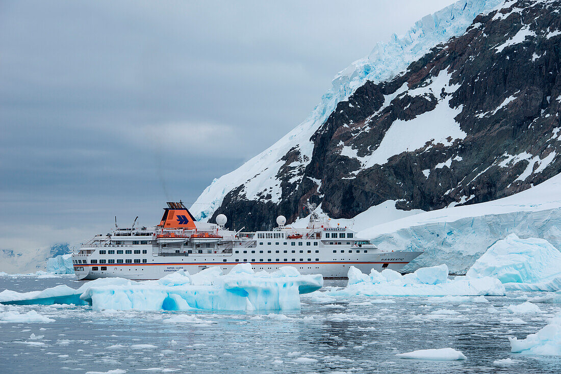 Ice floes and expedition cruise ship MS Hanseatic (Hapag-Lloyd Cruises), Neko Harbour, Graham Land, Antarctica