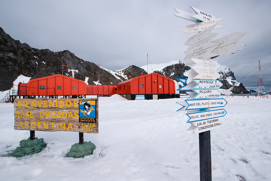 Distance signs at Base Orcadas Station (Argentina), Laurie Island, South Orkney Islands, Antarctica