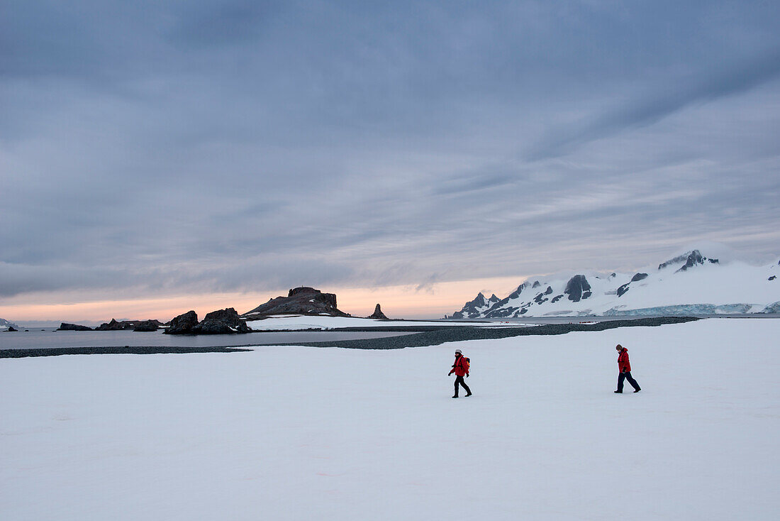 Two passengers from expedition cruise ship MS Hanseatic (Hapag-Lloyd Cruises) trek across snow, Half Moon Island, South Shetland Islands, Antarctica