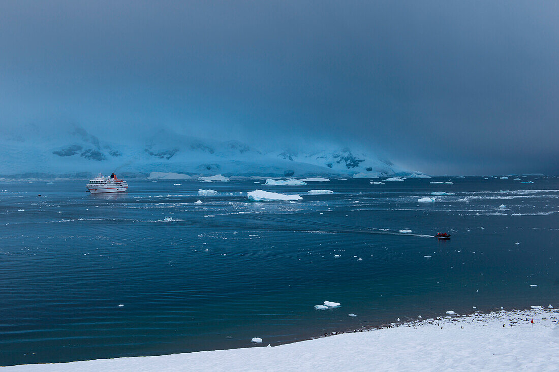 Zodiac dinghy from expedition cruise ship MS Hanseatic (Hapag-Lloyd Cruises), Neko Harbour, Graham Land, Antarctica