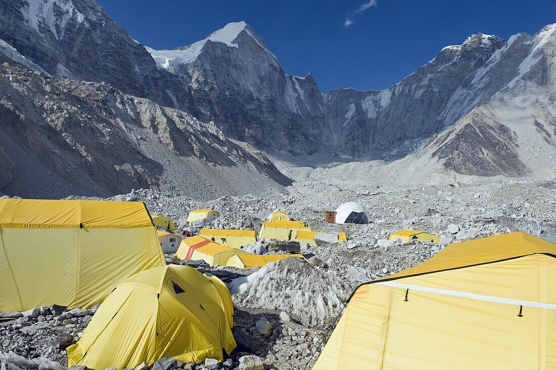 Yellow tents at Everest Base Camp, Solu Khumbu Everest Region, Sagarmatha National Park, Himalayas, Nepal, Asia
