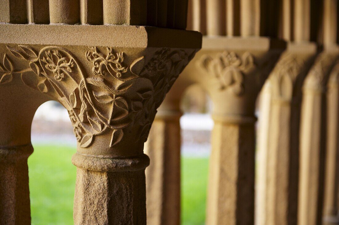 Finely carved capitals in the Cloisters, Iona Abbey, Isle of Iona, Scotland, United Kingdom, Europe