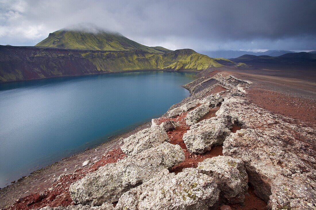 Blahylur crater lake in the Landmannalaugar area,Tjorvafell, 843 m in the distance, Fjallabak region, Iceland, Polar Regions