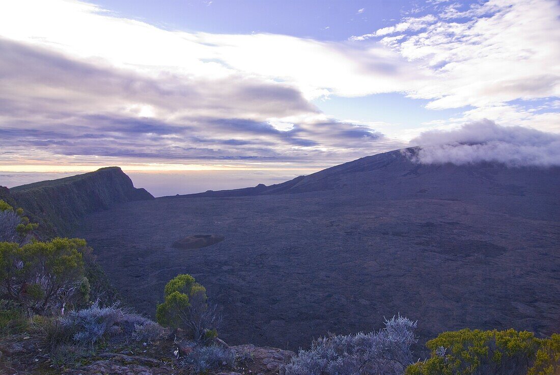 Sunset over the rim of the Volcano of Piton de la Fournaise, La Reunion, Indian Ocean, Africa