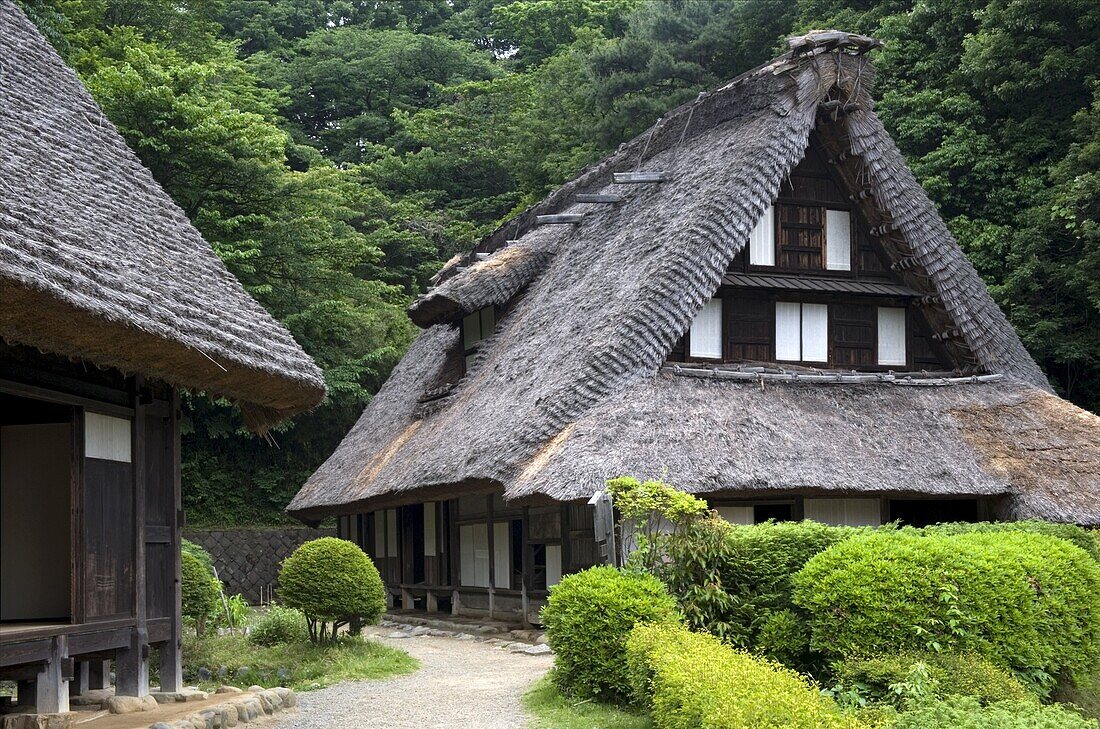 Thatched roof village residences at Nihon Minkaen (Open-air Folk House Museum) in Kawasaki, Japan, Asia