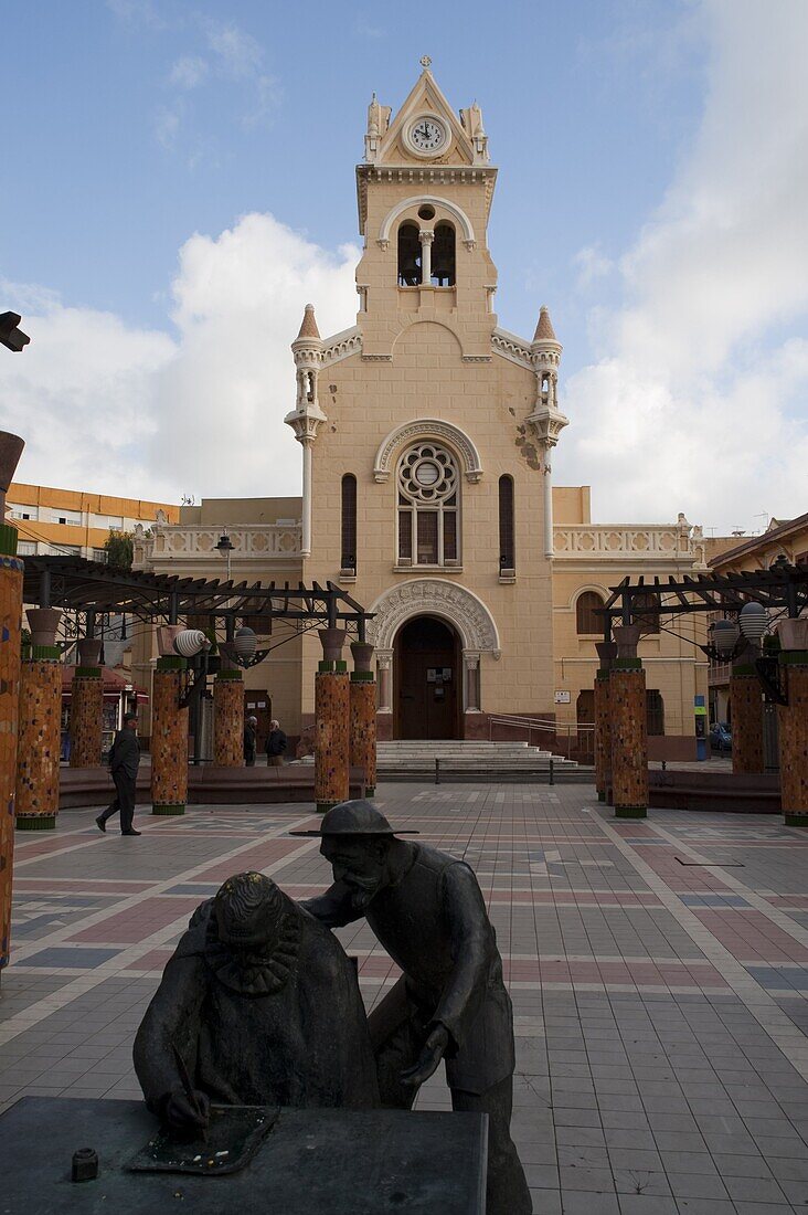 Monument to Miguel de Cervantes and modernist Sagrado Corazon church, Melilla, Spain, Spanish North Africa, Africa